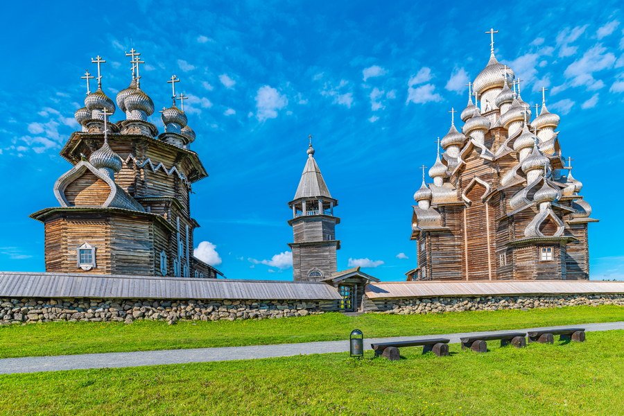 Church of the Intercession of the Blessed Virgin Mary, the wooden Belfry and the Church of the Transfiguration of the Lord.  Kizhi island, Republic of Karelia, Russia.